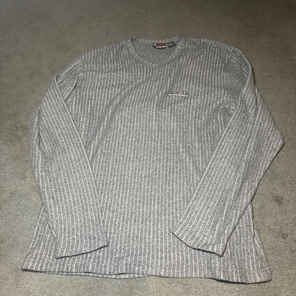 Vintage Guess Jeans USA Mens Large Grey Striped V-Neck Long Sleeve Ribbed Shirt